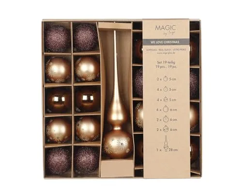MAGIC by Inge Weihnachtskugeln Set 19-teilig Elegant Lounge - Weihnachtsbaumkugeln in Beige, Rot und Braun, aus echtem Glas mit glamourösen Oberflächen – ideal für festliche Deko und eine strahlende Atmosphäre.