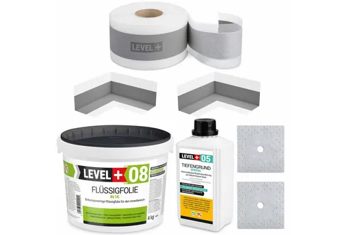 Level+ Dichtstoff Dichtset für Duschabdichtung - Spachtelmassen Set für professionelle Duschabdichtung, inklusive Flüssigfolie und Dichtband für zuverlässigen Schutz vor Feuchtigkeit.
