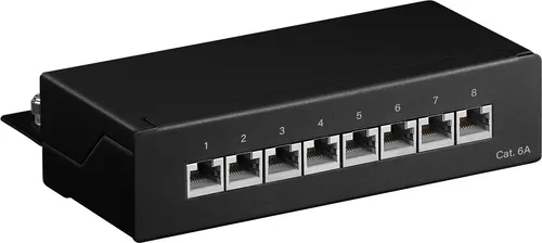 Goobay 62065 CAT 6a Mini Desktop-Patchpanel, 8 Port - Praktisches 8-Port Mini Desktop-Patchpanel für CAT 6a Netzwerkkabel. Werkzeugfreie Montage und nummerierte Ports sorgen für einfache Installation und optimale Kabelorganisation.
