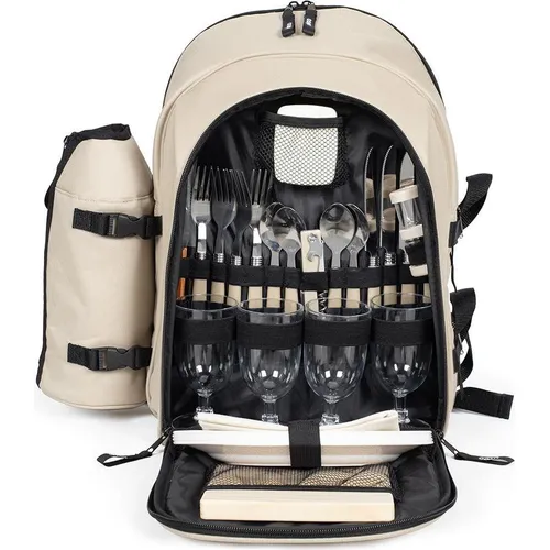 Livoo Picknick-Rucksack für 4 Personen SE970C – 11 l, Creme mit 30 Zubehörteilen - Picknickrucksack für 4 Personen mit 11 l Kühlfach, 30 Zubehörteilen und aus robustem 600D-Polyester – ideal für unvergessliche Outdoor-Erlebnisse.