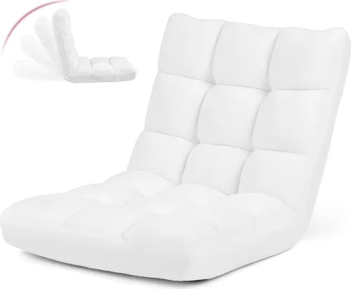 COSTWAY Faltbarer Bodenstuhl mit Verstellbarer Rückenlehne, Weiß - Hochwertiger, gepolsterter Bodenstuhl für vielseitige Anwendungen. Mit 14 verstellbaren Positionen und leichtem, faltbarem Design bietet er optimalen Komfort und einfache Lagerung.