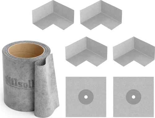 Isolbau 201G Bandset - Dicht-Set für den Innen und außen bereich inkl. 10 m Dichtband, 4x Innenecken & 2x Wandmanschetten, Abdichtung Dusche Bad Küche Wand Wasserdicht