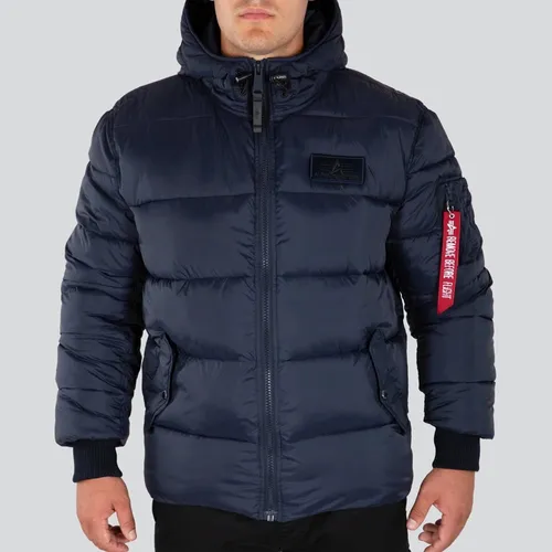 Alpha Industries Hooded Puffer Alpha FD Winterjacke dunkelblau Herren M - Funktionsjacke mit verstellbarer Kapuze, zwei Fronttaschen und stylischem Utility Pocket. Ideal für kalte Wintertage und vielseitig kombinierbar.