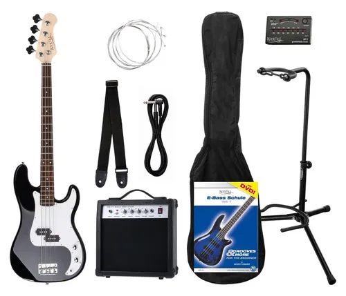 Rocktile E-Bass PB Precision-Style Bassgitarre - Komplettset mit Verstärker und Zubehör - E-Bass Set für angehende Rockstars! Inklusive 15W Verstärker, Gigbag, Gurt, Kabel, Metro-Tuner und Gitarrenständer für den perfekten Einstieg in die Welt der Musik.