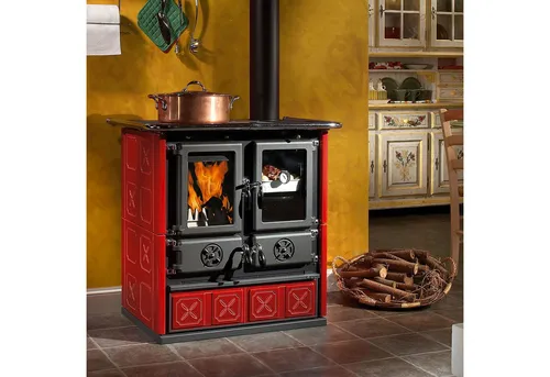 La Nordica Küchenofen Rosetta 5.0 | Majolika bordeaux | 7,9 kW - Kaminofen mit 28 Liter Backofen, handgefertigter Majolika Keramikverkleidung und umweltfreundlichem Nachverbrennungssystem für geringe Emissionen.