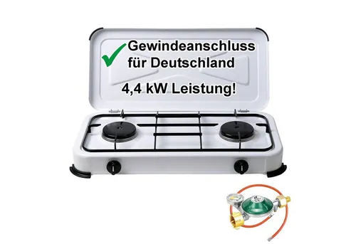 Gaskocher 2-flammig mit 360°-Manometer - Campingkocher mit 2 leistungsstarken Brennern (je 2,2 kW) und Gasregler. Ideal für Outdoor-Aktivitäten, sicher dank Schlauchbruchsicherung und Füllstandsanzeige.