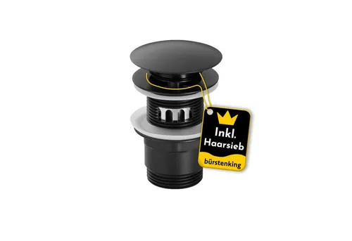 Bürstenking Ablaufgarnitur Waschbecken – Haarsieb & Push-Open-Funktion - Sanitärinstallation mit Haarsieb, das Verstopfungen und Verlust von Wertsachen verhindert. Einfache Montage dank standardisierter Bauteile und dauerhaft dichte Lösung.
