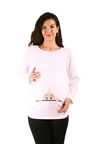 M.M.C. Neugieriges Baby - Umstandsmode Umstandsshirt mit Motiv Sweatshirt Schwangerschaftsshirt für die Schwangerschaft, Langarm (Weiß, Medium)