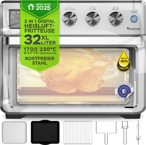 TurboTronic digitaler Heißluftofen XXL 32 Liter mit Drehspieß - Minibackofen 5-in-1: Perfekt für Backen, Grillen, Frittieren und Dörren. Mit 12 voreingestellten Programmen und einem praktischen Drehspieß für knusprige Hähnchen - ideal für kreative Küche!