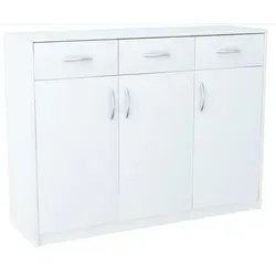 Matkam Möbel Kommode, Weiß, 110x85x35 cm - Elegante Kommode aus kratzfestem Holzwerkstoff mit 3 Türen und 3 Schubladen, ideal für Wohnzimmer und Flur, bietet funktionale Aufbewahrung und stilvolle Akzente.