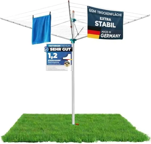 STAHLMANN® Wäschespinne 60 m - Hochwertige Aluminium-Wäschespinne mit Servo-Öffnungsautomatik - Die STAHLMANN® Wäschespinne bietet mit 60 m Leinenlänge Platz für ca. 5 Waschmaschinenladungen. Sie ist höhenverstellbar und überzeugt durch ihre stabile Aluminiumkonstruktion. Made in Germany und inklusive Bodenhülsen für sicheren Stand.