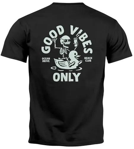 Neverless® Herren T-Shirt Backprint Good Vibes Only Quitsche-Ente Motivprint Rückendruck Sommer Fashion Streetstyle schwarz 4XL