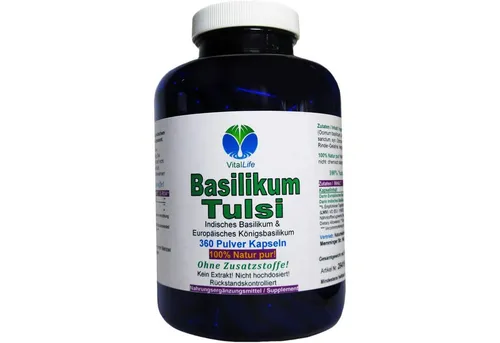 Basilikum Tulsi 360 Pulver Kapseln - 100% Natur PUR ohne Zusatzstoffe - Heiliges Basilikum Nahrungsergänzungsmittel, 360 Kapseln mit 100% natürlichen Inhaltsstoffen, ohne Füllstoffe und Zusatzstoffe, ideal für eine gesunde Ernährung.