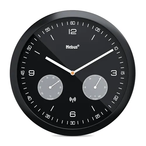 Mebus Funk-Wanduhr mit Thermometer und Hygrometer/Kunststoff/Rund/Modell: 52825 / Farbe: Schwarz, 26 cm