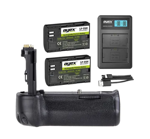 ayex Batteriegriff für Canon EOS 7D Mark II mit 2x LP-E6N Akku - Batteriegriff für Canon EOS 7D Mark II, inkl. 2 hochwertige LP-E6N Akkus und USB Ladegerät. Ergonomisches Design für bequemes Hochformat-Fotografieren und verlängerte Akkulaufzeit.