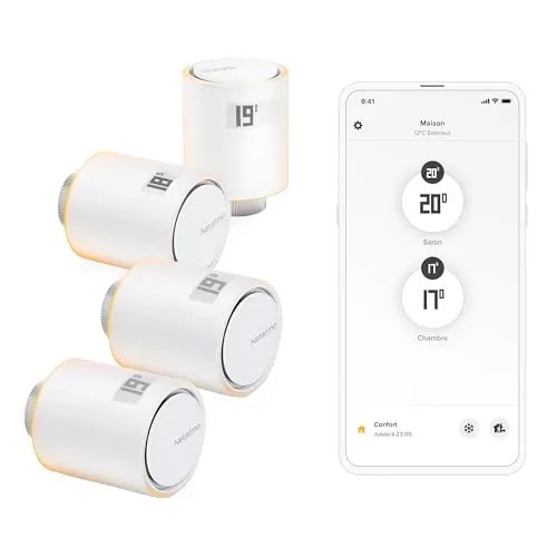 Netatmo Pack 4 Verbundene und Intelligente Thermostatköpfe, Zubehör für Verbundene und Intelligente Thermostate, Thermostatventile für Heizkörper, NBU-4-NAV-EU