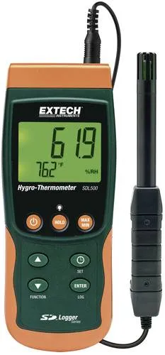Extech SDL500 Luftfeuchtemessgerät mit Datenlogger - Präzises Hygrometer zur Messung von Luftfeuchtigkeit und Temperatur mit Taupunkt- und Schimmelwarnanzeige, ideal für Werkstatt und Zuhause.
