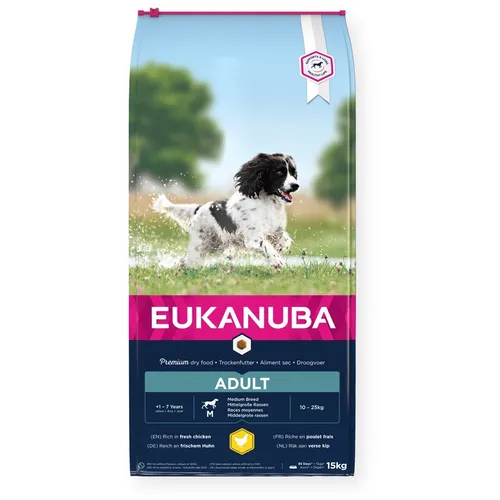 Eukanuba Hundefutter mit frischem Huhn für mittelgroße Rassen, 15 kg - Premium Trockenfutter für ausgewachsene Hunde (10-25 kg) mit L-Carnitin zur Gewichtskontrolle und DentaDefense für gesunde Zähne. Unterstützt glänzendes Fell und gesunde Haut.