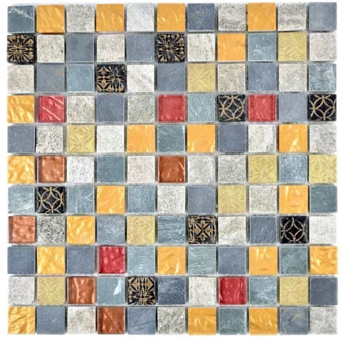 Mosaikfliese Glasmosaik Küche Fliesenspiegel Stein grau schwarz gold I WB83-0207