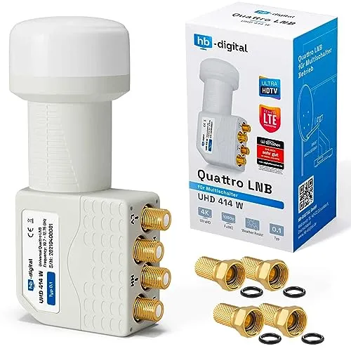 hb-digital Quattro LNB Einsatz nur für Multischalterbetrieb (Test SEHR GUT *) LNC für Multischalter Multiswitch LTE Protected Digital Satelliten Full HDTV 3D 4K UHD Wetterschutz Weiß + 4X F-Stecker