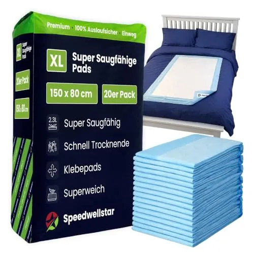Inkontinenz-Bettenauflagen Wegwerfbar Extra Groß 150 x 80 cm | 20er-Pack | Super Absorbierend 2300 ml | Auslaufsicherer Wasserdichter Schutz für Einzel- oder Doppelbett | rutschfest Von Speedwellstar
