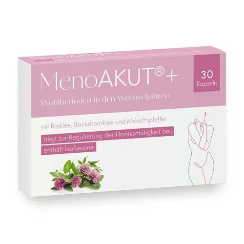 Aura Natura MenoAKUT Plus – Wechseljahre Kapseln mit Rotklee, Mönchspfeffer, Bockshornklee, Vitaminen B3, B6 und B12 – Menopause Kapseln – 1 Monat Vorrat, 30 Kapseln, Vegan