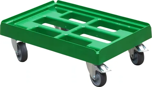 Transportroller 600 x 400 mm - Typ B-F mit 2 Bremsen & 2 Lenkrollen - Wendiger Transportroller für Euronorm-Kisten (600×400 mm) mit 2 Lenkrollen und 2 Bremsen. Ideal für Lager und Catering, sorgt für sicheres Manövrieren und hohe Tragfähigkeit bis 300 kg.
