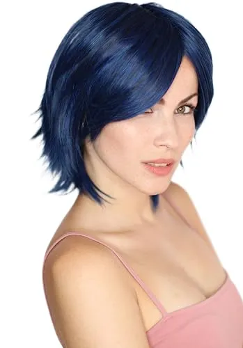 Prettyland blau-schwarz kurze Mittel-lange Perücke mit Pony Gestuft fransig Damen & Herren natürliche perücke Wig C1251