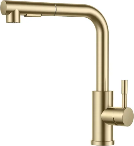 FORIOUS Hochdruck Küchenarmatur mit 360° Schwenkfunktion - Armaturen, gebürstetes Gold-Design, hochdruckbeständig und mit ausziehbarem Sprühkopf für vielseitige Reinigungsoptionen