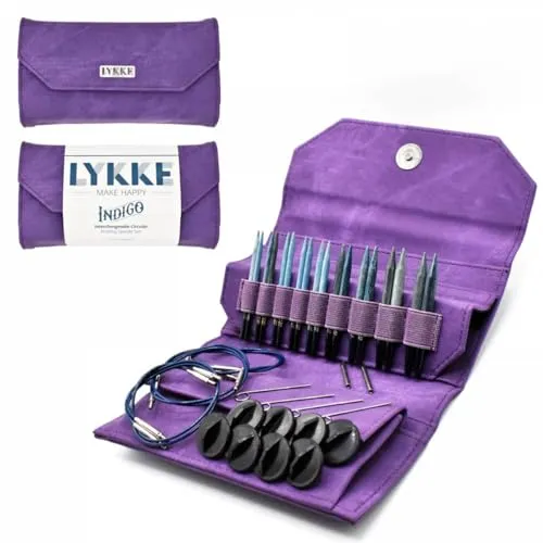 Lykke Austauschbare Stricknadeln, 8,9 cm, Indigo-Holznadeln, Stricknadel-Set (Violetter Denim-Effekt)