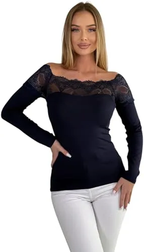 Mississhop 71 Damen Spitzenshirt Spitze Spitzen T-Shirt Bluse Shirt Langarmshirt Kurzarmshirt Dunkelblau/Langarm