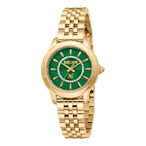 Just Cavalli JC1L333M0035 - Flaschengrün Damen Uhr - Armbanduhren für Damen mit elegantem 3-Zeiger-Design und goldfarbenem Edelstahlarmband, wasserdicht bis 30 m - perfekt für stilbewusste Frauen.
