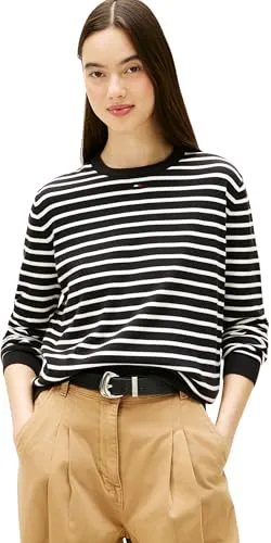 Tommy Jeans Damen Tjw Essential Crew Sweater EXT Dw0Dw20159 Pullover, Black (Black/Ecru Stripe), XXL