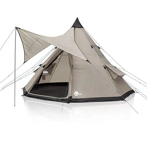 your GEAR Zelt Numana 400 Tipizelt für 4-6 Personen mit Sonnensegel - Familienzelt mit 10,3 m² Wohnraum, UV-Schutz 50+ und wasserdichtem Material (5000 mm). Ideal für komfortable Campingurlaube, inklusive praktischer Ausstattung und Insektenschutz.