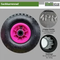 Baumarktplus Sackkarrenrad Luftrad 260x85 mm 3.00-4 75 mm zentrierte Nabe Ø 20 mm pink robustes 4 PR Gewebe