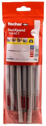 fischer DuoXpand 10 x 140 T, hochwertiger Universaldübel mit verzinkter Senkkopfschraube (10 Stk.), Dübel für starken Halt, ideal für poröse Baustoffe & randnahe Verankerungen im Innenbereich