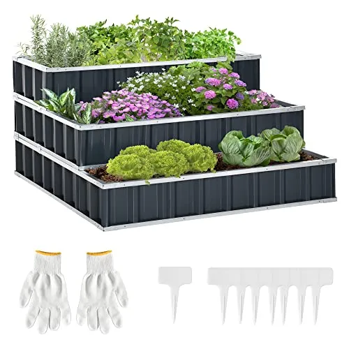 Outsunny Hochbeet aus Stahl 3-stufige Gartenbeet - Hochbeete-Kit mit 3 Anbauflächen für vielfältigen Pflanzenanbau, wetterfest und pflegeleicht, inklusive Gartenhandschuhe für optimalen Schutz.