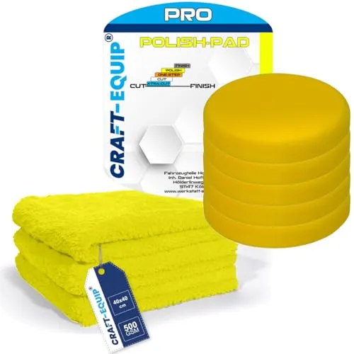 8er Sparpack Craft-Equip PRO RO Polierschwamm Polierpad mit Klettverschluss Made IN EU (8er Sparpack 125mm RO Polierschwamm Polish GELB + Microfasertücher)
