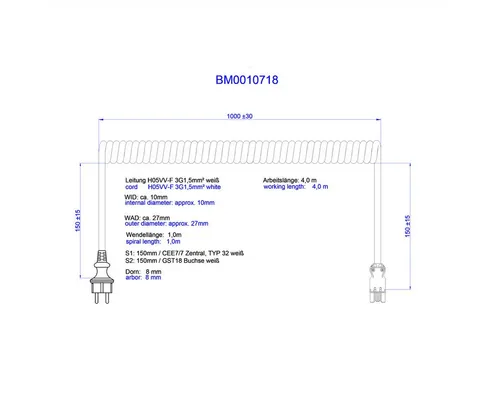 Bachmann Spiralleitung H05VV-F 3G1,5mm² 1,0m - Flexibel und sicher - Praktische Spiralleitung mit 3-poligem Schutzkontakt, ideal für den professionellen Einsatz. Langlebig und zuverlässig für Ihre Elektroinstallationen.