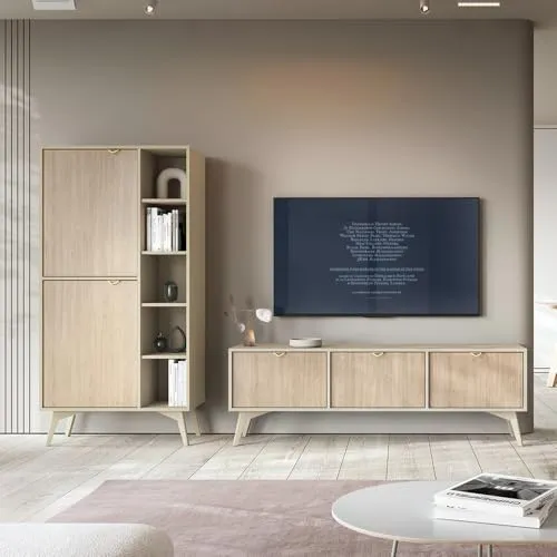 Lomadox Wohnwand FAREHAM-160, sandfarben mit Fischgrätenmuster - Moderne Wohnwand in sandfarben mit elegantem Fischgrätenmuster. Ideal für den Scandi-Stil, bietet diese flexible Möbelkombination funktionalen Stauraum und verleiht deinem Wohnzimmer eine warme Atmosphäre.