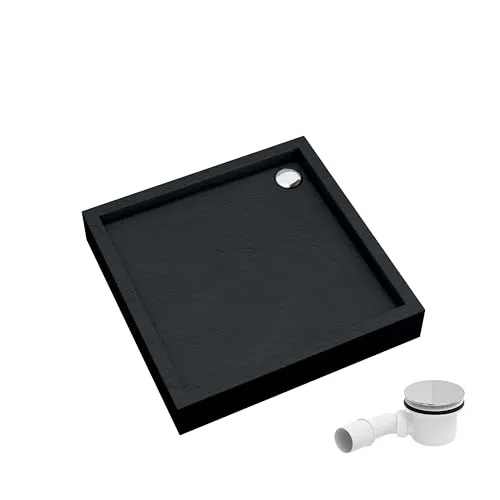 AQUABAD Duschwanne/Duschtasse Elegana mit LeakProtect Technologie Black Stone 90x90cm Quadrat, inkl. Ablaufgarnitur/Siphon A49CR