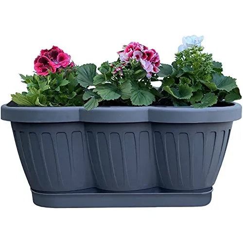 Hossi's Wholesale Blumenkasten 40cm, Balkonkasten mit Wasserspeicher, Pflanzkasten Anthrazit im Wellendesign mit passendem Bewässerungsuntersetzer
