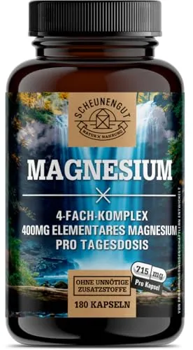 Scheunengut® Magnesium | bioaktiver 4-fach Komplex - Vitamine & Mineralien, 180 geschmacksneutrale Kapseln für optimale Fitness und Muskelentspannung mit hochwirksamem Magnesium-Komplex.