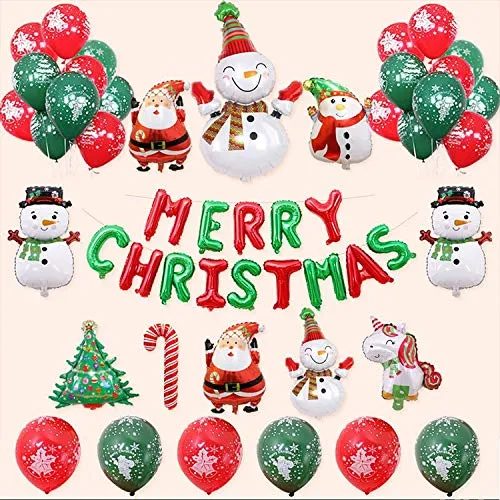 KAHEIGN Weihnachten Ballon Dekoration Kit, Merry Christmas Banner 10Pcs Weihnachtsmann Folienballon und 26Pcs Grün-Rote Weihnachtsballon Deko für Weihnachtsfeier Dekoration