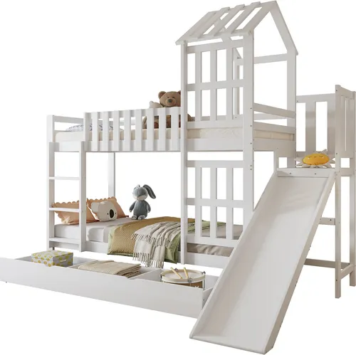 Etagenbett mit Rutsche und Schubladen, 90x200 cm, Kiefer - Praktisches Etagenbett für zwei Kinder mit integrierter Rutsche und Stauraum durch Schubladen. Stabiler Massivholzrahmen mit Rundum-Absturzschutz und einfachem Aufbau.