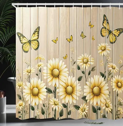 ABAKUHAUS Rustikal Duschvorhang, Cottagecore Sonnenblumen und Schmetterlinge auf blass tan holzähnlichem Hintergrund, Stoffliches Gewebe mit Haken, 175 x 200 cm, Dunkelgrün Gelb