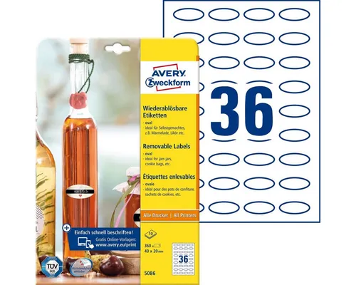 Avery Zweckform Etiketten Flaschenetiketten wiederablösbar oval 40x20 mm weiß VE=360 Stück