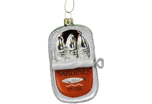 HD Collection Christbaumschmuck, Christbaumschmuck Glas 12cm Sardinen in Dose Figur Silber / Rot