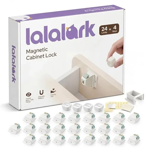 Lalalark Magnetische Kindersicherung (24 Schlösser + 4 Schlüssel) - Praktisches Set zur Kindersicherung: 24 unsichtbare Schlösser und 4 Magnetschlüssel für einfache Handhabung. Ideal für Schränke und Schubladen – schnell und ohne Beschädigung anzubringen. Sicherheit für Ihr Zuhause.