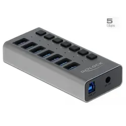 Delock Ext. SS USB Hub 7Ports +Schalter 63669 - Grau, 7x USB 3.2 Gen 1 Anschlüsse, einzeln schaltbar und ideal für Datenübertragung bis 5 Gbps